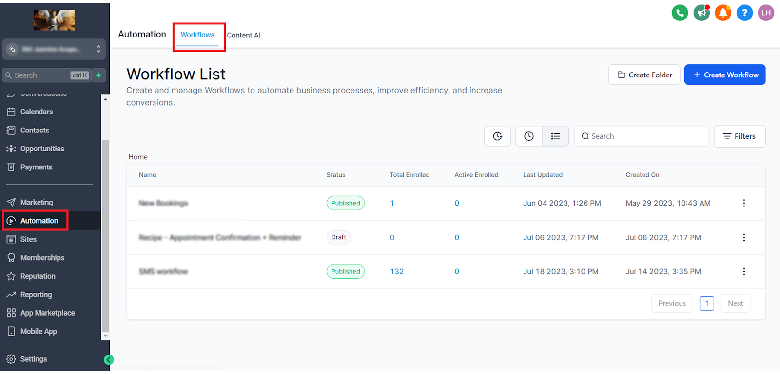 GoHighLevel Workflow List